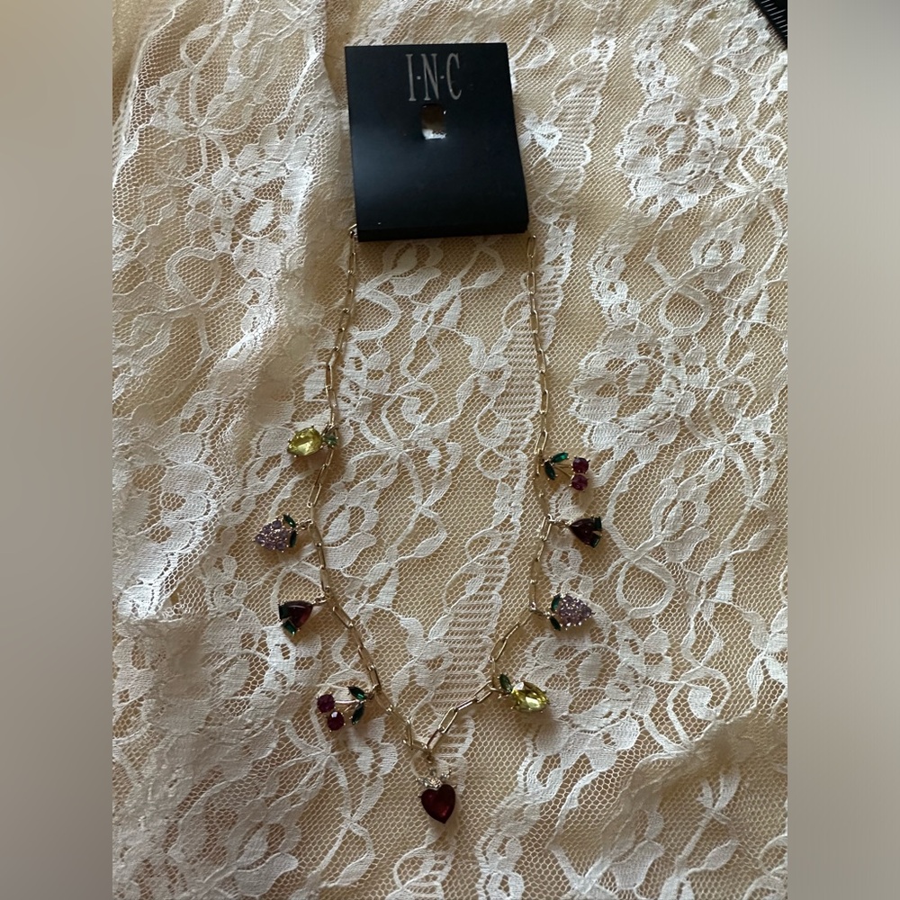 INC International Concepts  GOLD-TONE MULTI CHARM PAVE FRUIT SHAKY NECKLACE 17"
